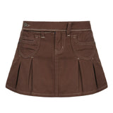 Retro Pleated Mini Denim Skirt Women High Waist A Line Brown Micro Skirt Femme Girls Hot Jeans Skirts Grunge Bottom Iamhotty