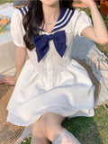 White Mini Dress For Women Short Sleeve Lolita Dress Summer  Preppy Style Japanese Fashion Bow Fairy Sundress