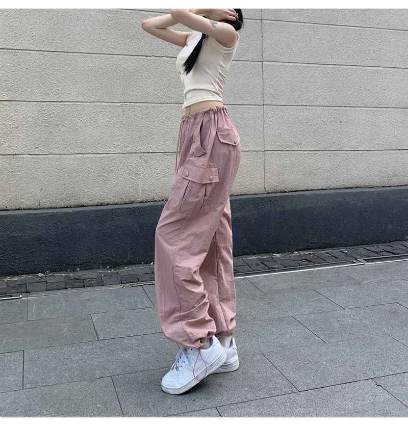 Drespot Pink Baggy Cargo Pants Y2K Low Rise With Big Pocket Relaxed Fit Combat Pants Women