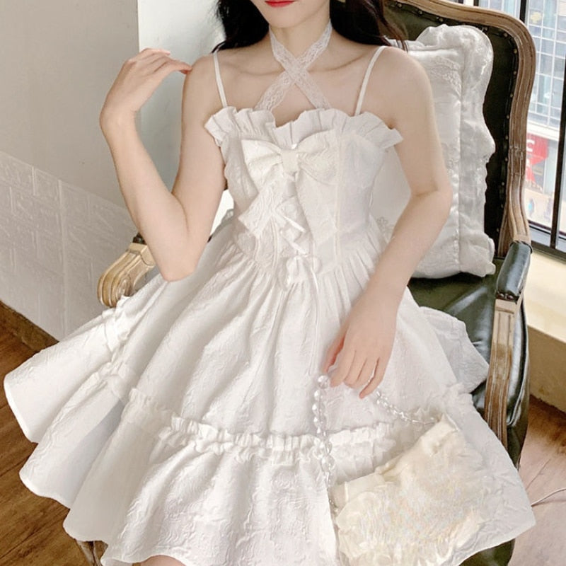Drespot  Summer White Lolita Mini Dress Women Kawaii Clothing Vintage Fairy Strap Dress Female Casual Elegant One Piece Dress Korean