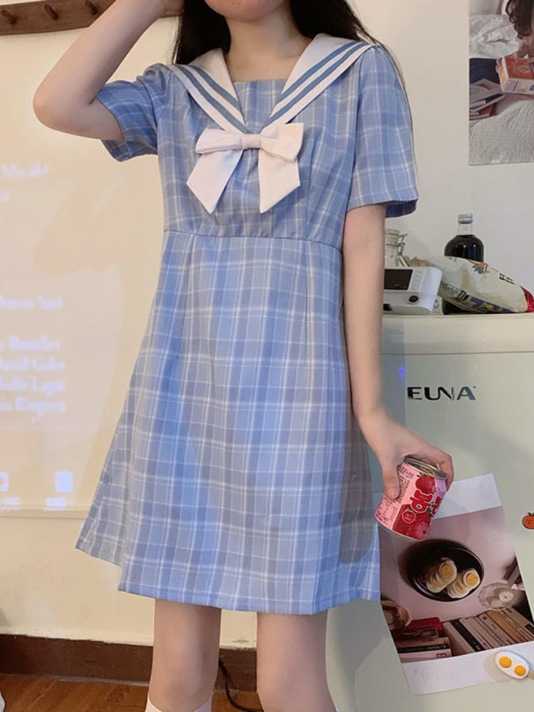 Blue Plaid Dress Women Short Sleeve  Summer Kawaii Mini Dress Bow Preppy Style Sailor Collar Japanese Sundress