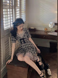 Drespot Plaid Mini Dress Women  Summer Kawaii Lolita Dress Bow Ruffles Patchwork Preppy Style Puff Sleeve Sweet Sundress