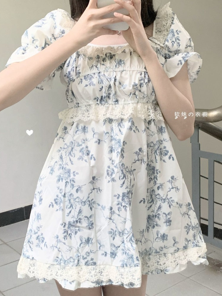 Floral Dress Women Summer Sweet Mini Dresses Lace Patchwork Vintage Puff Sleeve Square Collar Sundress Beach Style