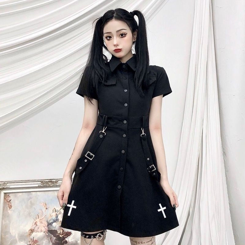 Drespot  Black Gothic Mini Dress Women Harajuku Punk  Summer Shirt Dresses Goth Streetwear Short Sleeve Vintage Sundress