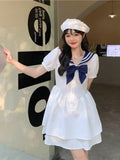 White Mini Dress For Women Short Sleeve Lolita Dress Summer  Preppy Style Japanese Fashion Bow Fairy Sundress