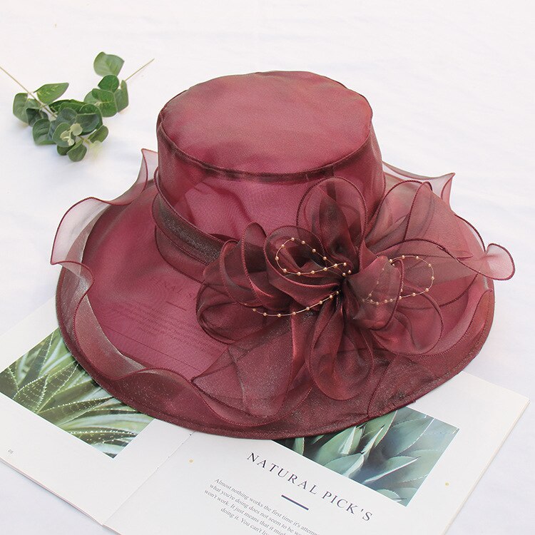 Kentucky Derby Floral Big Brim Hat Women's Organza Wedding Headwear Hat Elegant Foldable SunHat Beach with Beaded Festival hat
