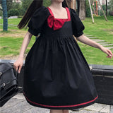 Kawaii Bow Dress Women Sweet Lolita Dress Short Sleeve Black Square Collar Japanese Preppy Style Party Female Robe