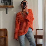 Drespot Women Casual Sweaters Pullovers Oversized Loose V-neck Knitted Jumpers Tops Outfits Striped Sweaters