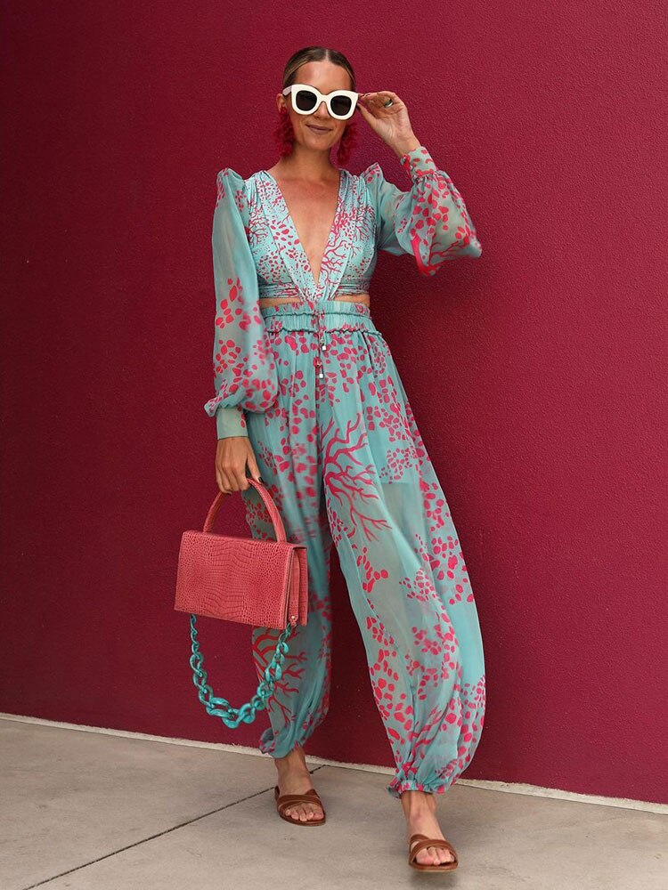 Printed See-Through Chiffon Sexy Deep V Jumpsuit Women Summer Loose Party Playsuits Backless Office XL Jumpsuits A1065