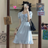 Drespot Sweet Kawaii Blue Dress Women Preppy Style School Korean Ruffle Puff Sleeve Short Dresses Square Collar Bow  Summer