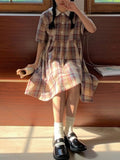 Drespot Vintage Kawaii Plaid Mini Dress Women  Summer Japanese Sweet Lolita School Cute Dresses Peter Pan Collar  Summer