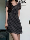 Black Plaid Mini Dress Women Summer Kawaii Preppy Style Y2k Dress Lace Korean Fashion Vintage Elegant  Sundress