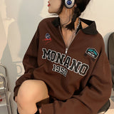 Y2K Vintage Oversized Hoodies Women Harajuku Hippie Letter Print Sweatshirts Zip Up Polo Collar Loose Casual Retro Tops