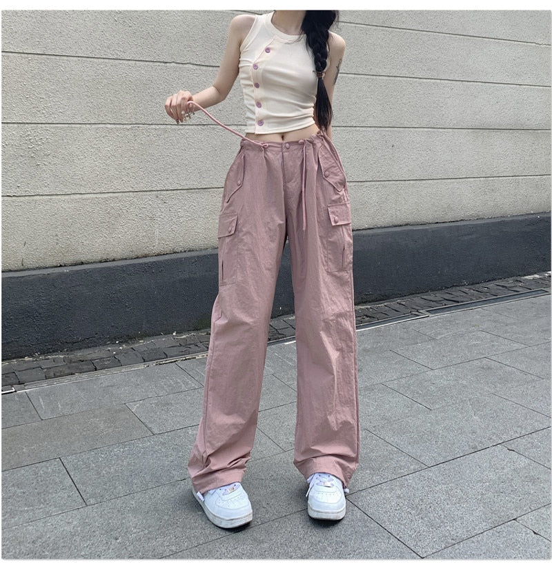 Drespot Pink Baggy Cargo Pants Y2K Low Rise With Big Pocket Relaxed Fit Combat Pants Women