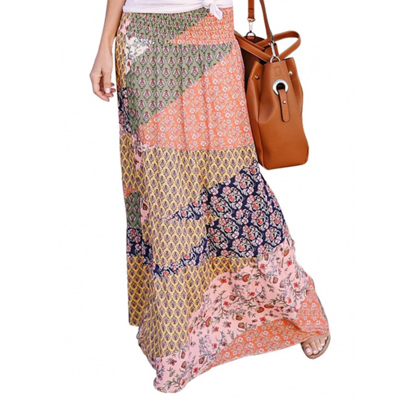 Patchwork Long Skirts Women  Celmia Summer Bohemian Floral Print High Waist Maxi Skirt Vintage Casual Boho Beach Party Skirt