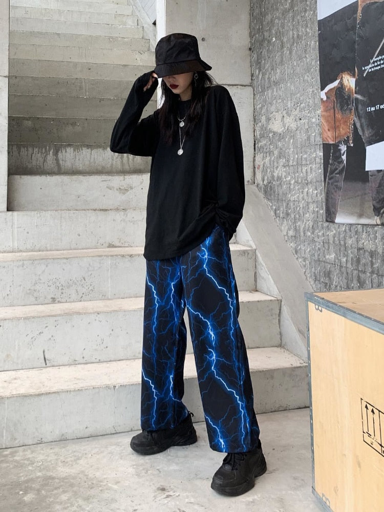 Drespot  Y2k Lightening Wide Leg Pants Women Oversize Harajuku Hippie Streetwear Korean Fashion Trouser For Female Aesthetic