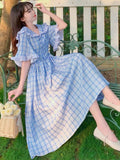 Drespot Blue Plaid Dress Summer Kawaii Preppy Style Elegant Vintage Midi Dresses Puff Sleeve Ruffles Patchwork Lolita Sundress