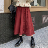 Red Vintage Skirt Women Autumn Winter Ruffles Preppy Style Midi Skirts A-Line  Edible Tree Fungus Elegant Streetwear