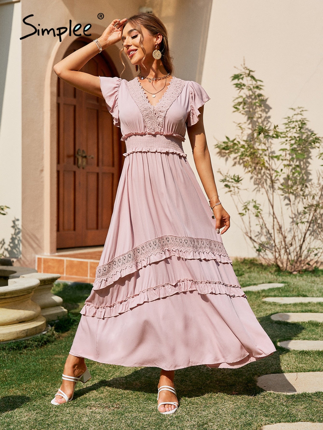 Drespot Elegant Ruffle Short Sleeve Women Summer Dress Maxi Holiday Smock A-Line Beach Sundress Hollow Out Mujer Vestidos