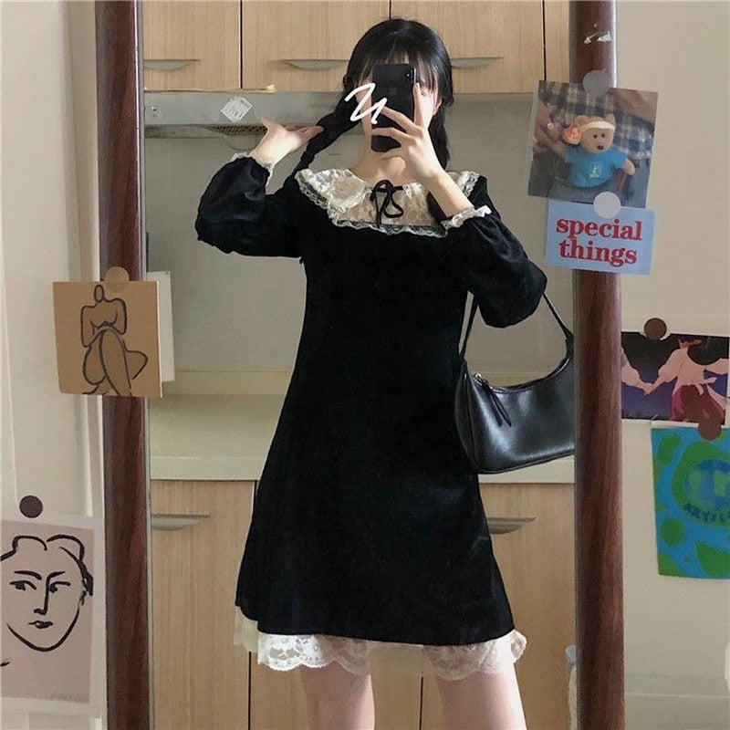 Drespot  Black Vintage Dress Women Kawaii Lace Patchwork Mini Dresses Elegant Preppy Style Long Sleeve  Korean Fashion Robe