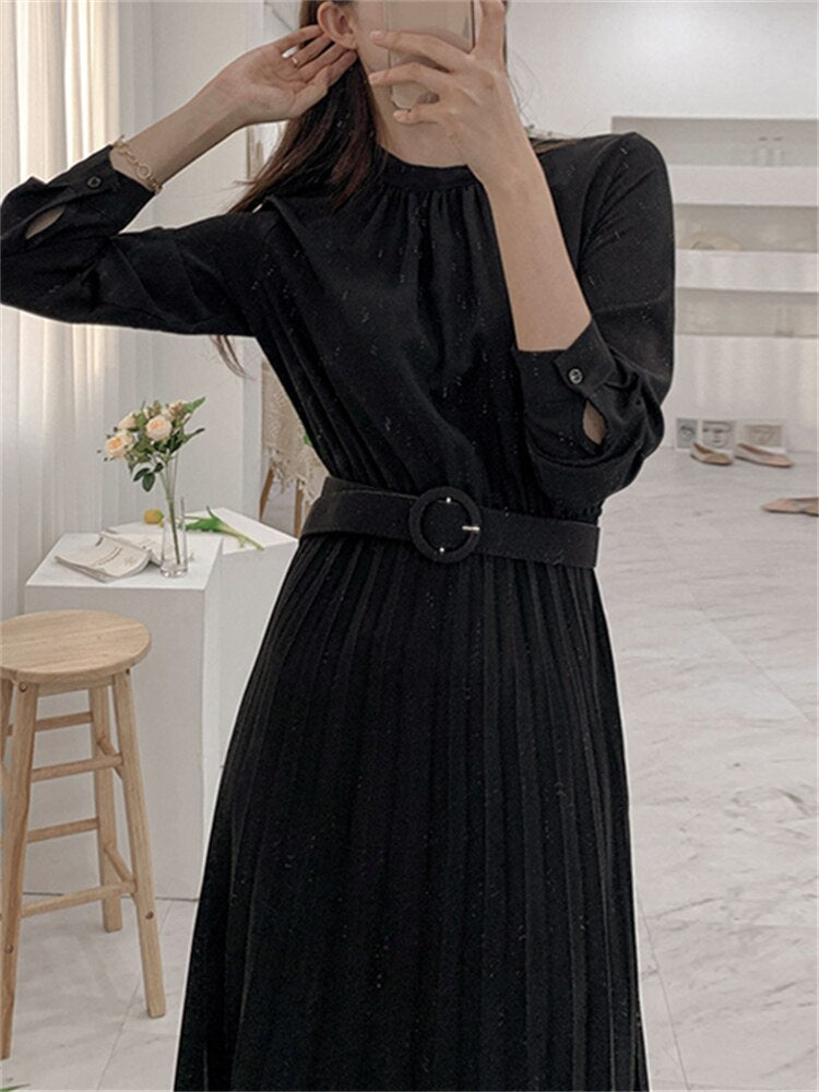 Women Solid Elegant Fashion Dress Spring Office Lady Long Sleeve Midi Pleated Dress With Belt Female Casual Clothes