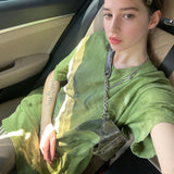Deeptown Vintage Tie Dye Green T-shirts Women Y2K Streetwear Oversize Loose Short Sleeve Tshirts Female Grunge Aesthetic Tops