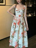 Women Summer Backless Floral Vintage Print Spaghetti Strap Sleeveless Dress  Holiady Party Female Fashion Casual Clothes
