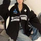Back To School Outfits Vintage Women Oversized Sweatshirts 2023 Autumn Letter Print Zipper Jacket Caots Korean Streetwear Trend Y2K Female Hoodies Tops