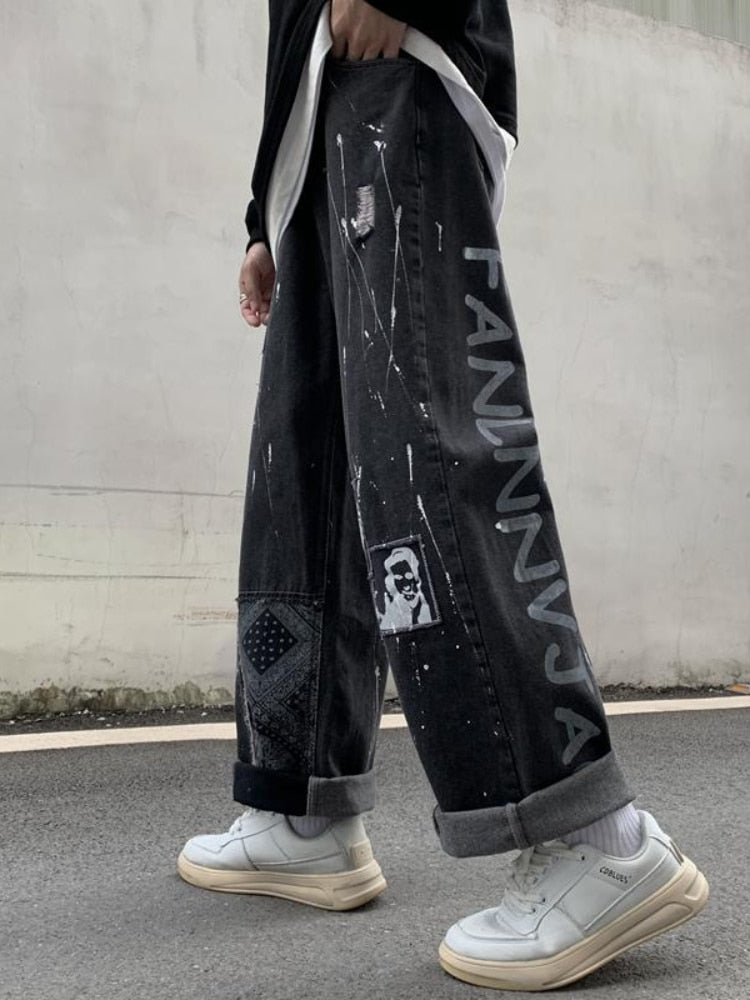 Drespot  Oversize Punk Grunge Black Jeans Pants Women Streetwear Patchwork Print Fashion Wide Leg Denim Trousers Female Hip Hop