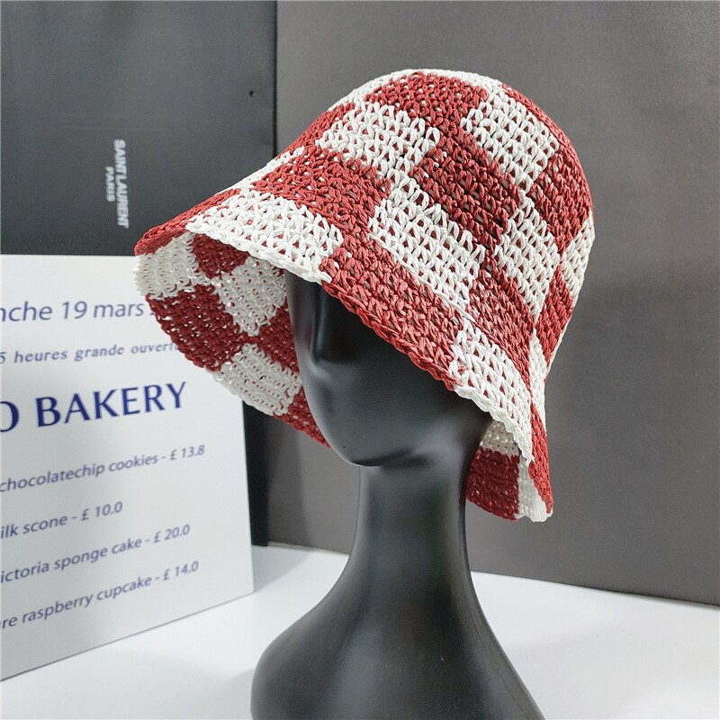 Checkerboard Straw Weave Bucket Hat For Women Summer UV Sun Straw Hat Foldable Outdoor Panama Cap Unisex Vacation Beach Hat