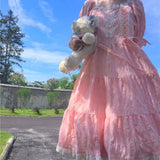 White Kawaii Dress Women Lace Patchwork Lolita Style Puff Sleeve  Square Collar Vintage Dress Summer Japan Cute Sundress