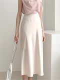 Drespot Summer Spring Women Elegant High Waist Satin Skirt Female Casual A-Line Midi Silk Fashion Skirt
