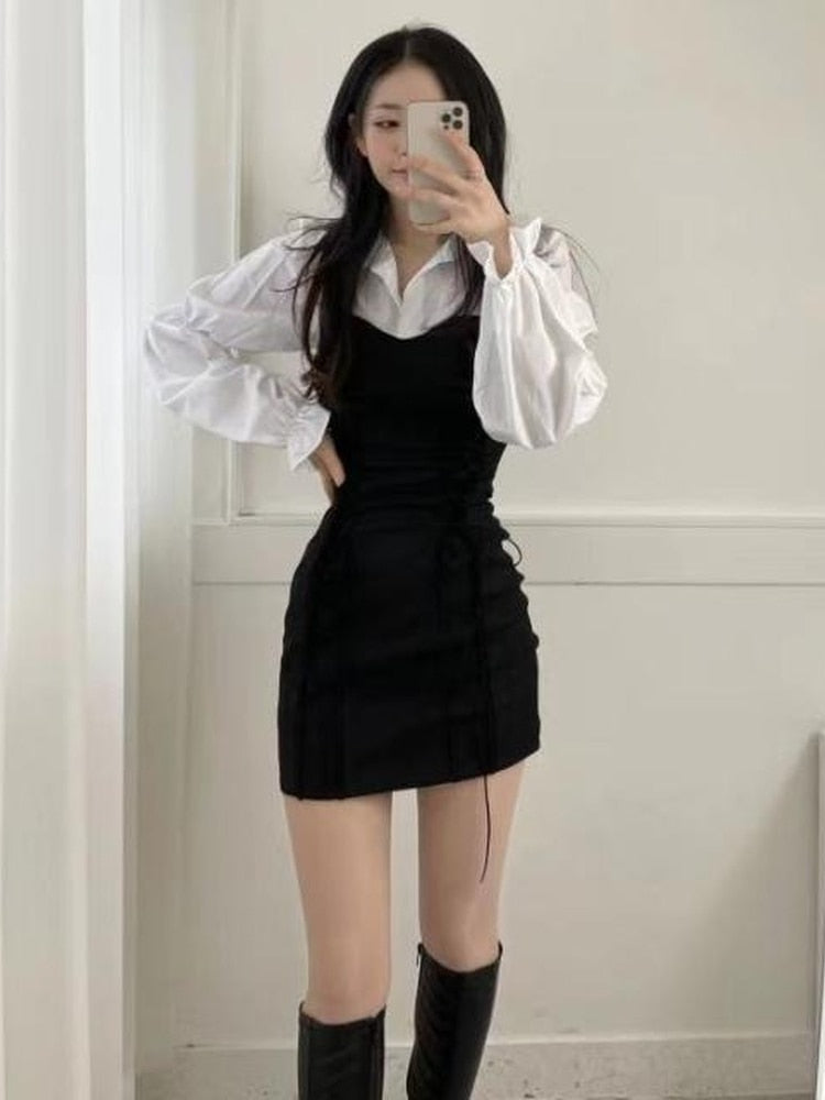 Drespot Korean Bandage Bodycon Dress Women Vintage Kpop Wrap Short Dresses Casual Long Sleeve  Spring Chic Slim Robes Female