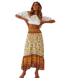 Drespot  Boho Print Long Skirts Women Bottoms Elastic Waist Gypsy Ethnic Ladies Skirt Summer High Waist Floral Vacation Maxi Skirts