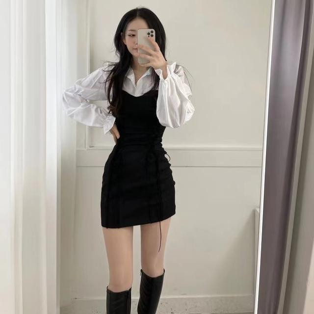 Drespot Korean Bandage Bodycon Dress Women Vintage Kpop Wrap Short Dresses Casual Long Sleeve  Spring Chic Slim Robes Female