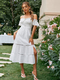 Drespot Elegant Cold Shoulder Ruffle White Summer Dress Women Cut Out Lace Cotton Maxi Dresses A-Line Split Holiday Vestido
