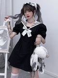 Drespot Gothic School Kawaii Dress Women Goth Wrap Puff Sleeve Black Short Dresses Sailor Collar  Summer Student Clothes
