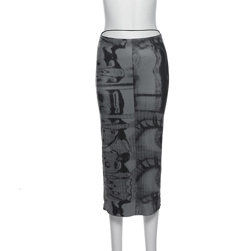 Y2K Aesthetic Bodycon Skirt Women Summer 90s Vintage Graphic Print Pencil Skirt Harajuku Gothic Slim E-girl Streetwear Skirts