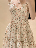 Drespot Kawaii Floral Slip Dress Women Vintage Cute Ruffles Elegant Wrap Short Dresses Casual  Summer Sundress Bow