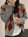 Vintage Argyle Cardigan Women Autumn Preppy Style Sweater Coat Simple Leisure Cardigans Top Fall Winter Outfits