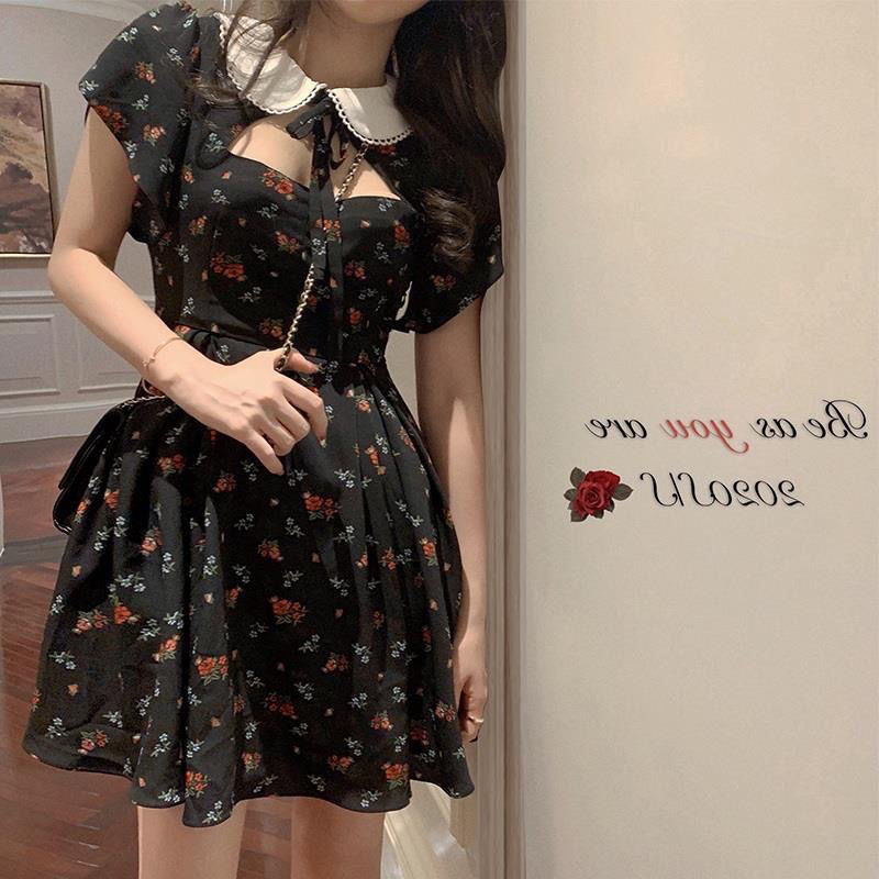 Drespot Floral Dress Sexy Hollow Out Mini Dress Summer  Kawaii Sweet Black Preppy Style Puff Sleeve Boho Holiday Outfits