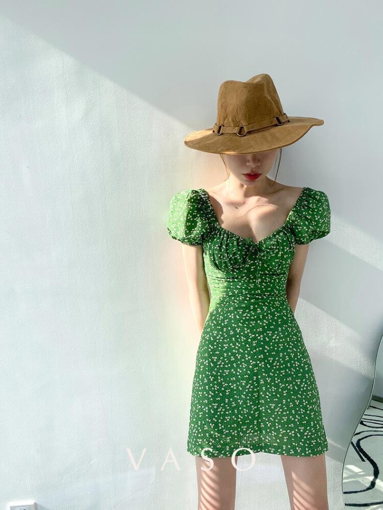 Green Floral Dress Women  Summer Square Collar Puff Sleeve French Dress Elegant Vintage High Street Holiday Sundress