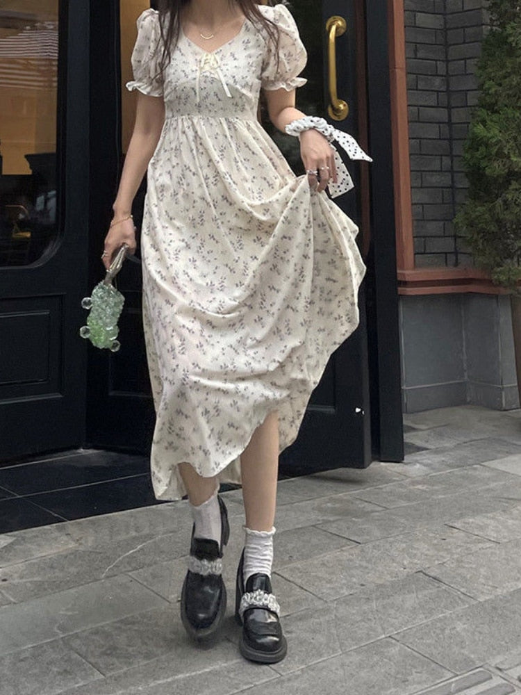 Drespot Elegant Floral Dress Women Sweet Kawaii  Summer Dress Vintage Puff Sleeve Korean Fashion Streetwear Chiffon Sundress