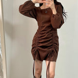 Women Autumn A-Line Mini Dress Long Sleeve Fold Elegant Slim Waist Vestidos Femme Fashion Korean Bodycon Sexy Clothing