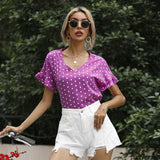 Drespot Purole Polka Dot Chiffon Blouses Womens Casual Blouses Summer Polka Dot Print V-neck Short-sleeved Tops Summer Women Clothing