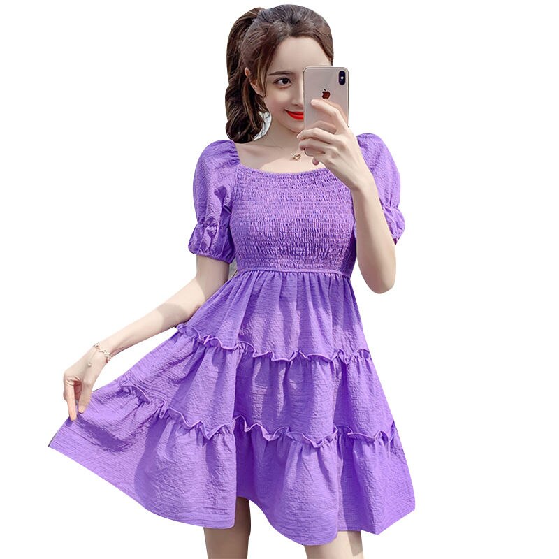 Drespot Purple Puff Sleeve Mini Dress Women Vintage Casual Ruched Backless Ruffles Wrap Short Dresses  Summer Korean Fashion