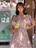 Floral Sweet France Vintage Dress Women Print Casual Elegant Evening Party Midi Dress Chiffon Korea Boho Beach Dress Summer