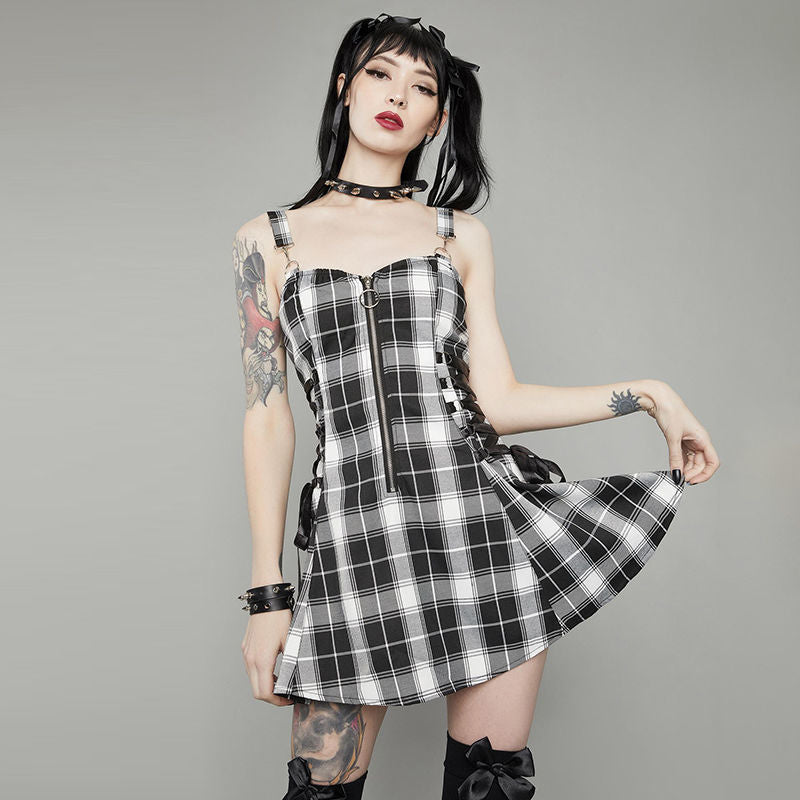 Plaid Slip Dress Gothic Women Black Sexy Bandage Sleeveless Mini Dresses  Summer Goth Grunge Harajuku Y2k Sundress