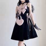 Drespot Pink Lolita Dress Kawaii Bow Bandage Slip Dresses Women Goth Black Sexy Sleeveless Y2k Female Robe Sweet Cosplay Outfit