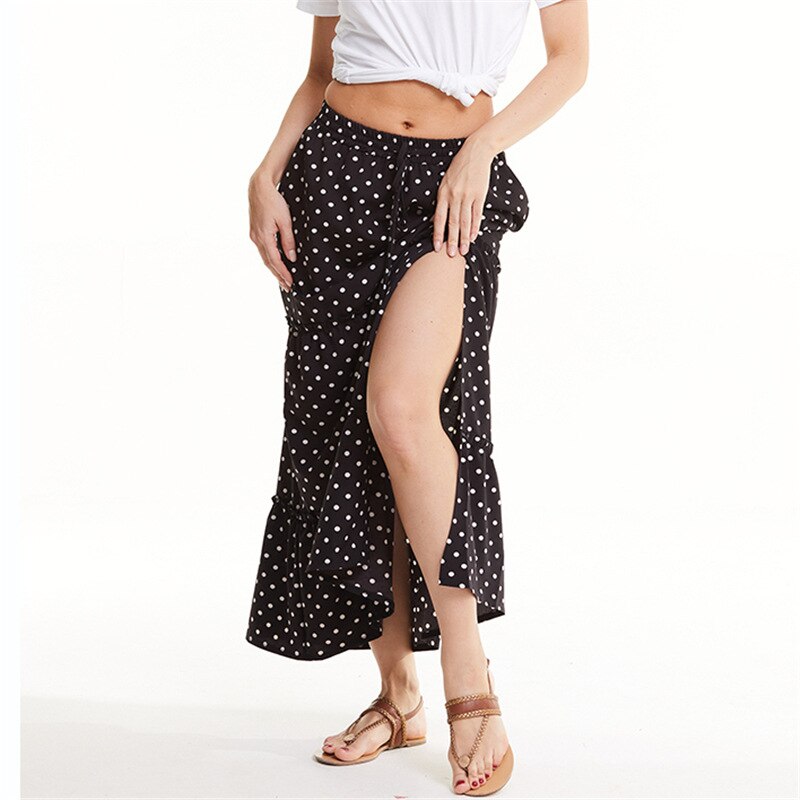 Summer Print Ruffles Skirt Floral Split Skirt Women Casual Beach Faldas Female Boho Elastic Waist Holiday Maxi Skirts S-5XL